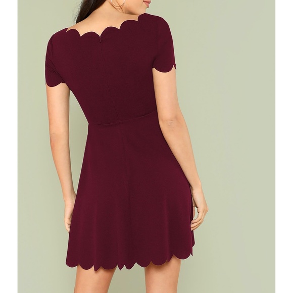 Burgundy Red Scallop Trim Fit & Flare Dress - Picture 2 of 6